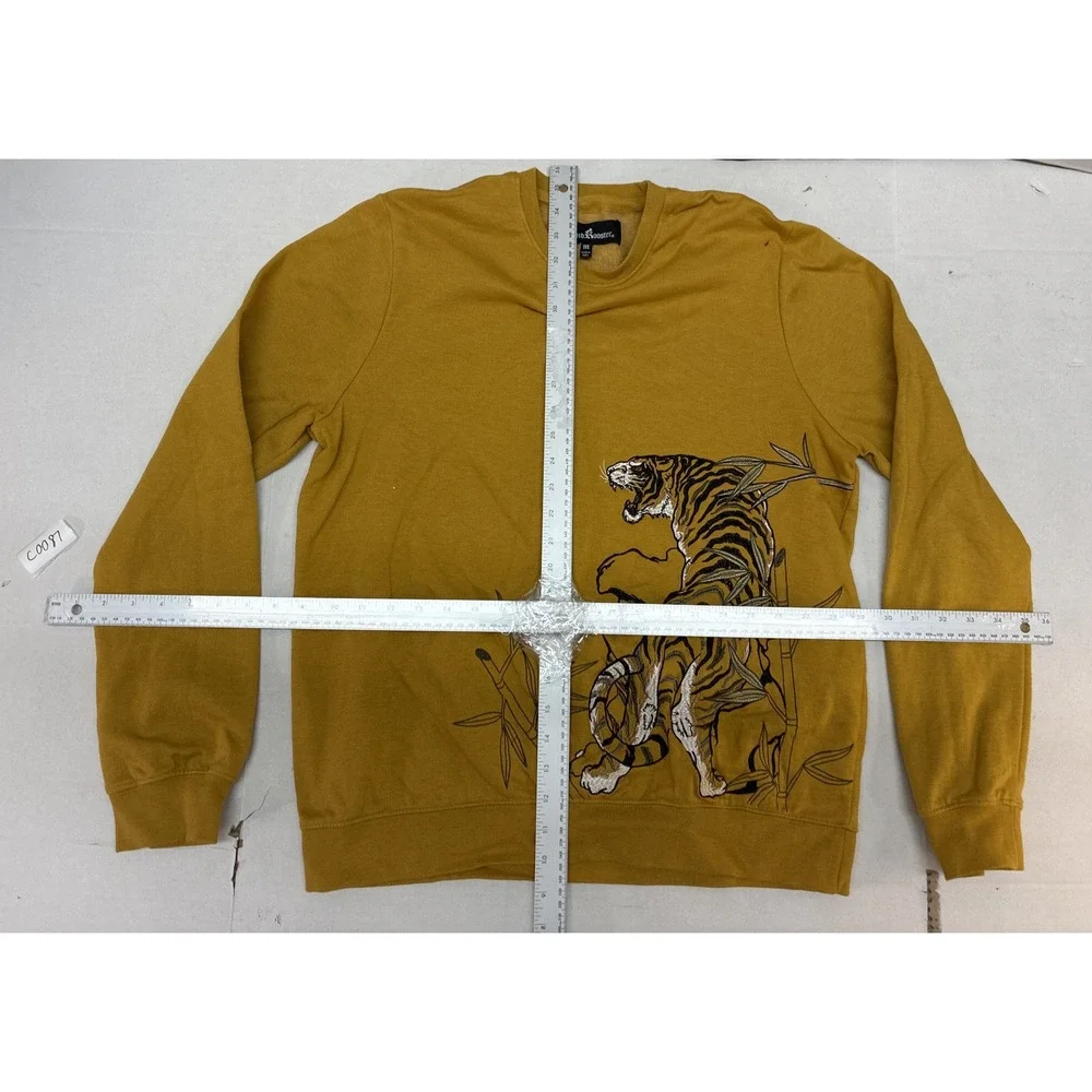 Blind Rooster Mens Mustard Yellow Embroidered Tiger Bamboo Crewneck Sweatshirt M
